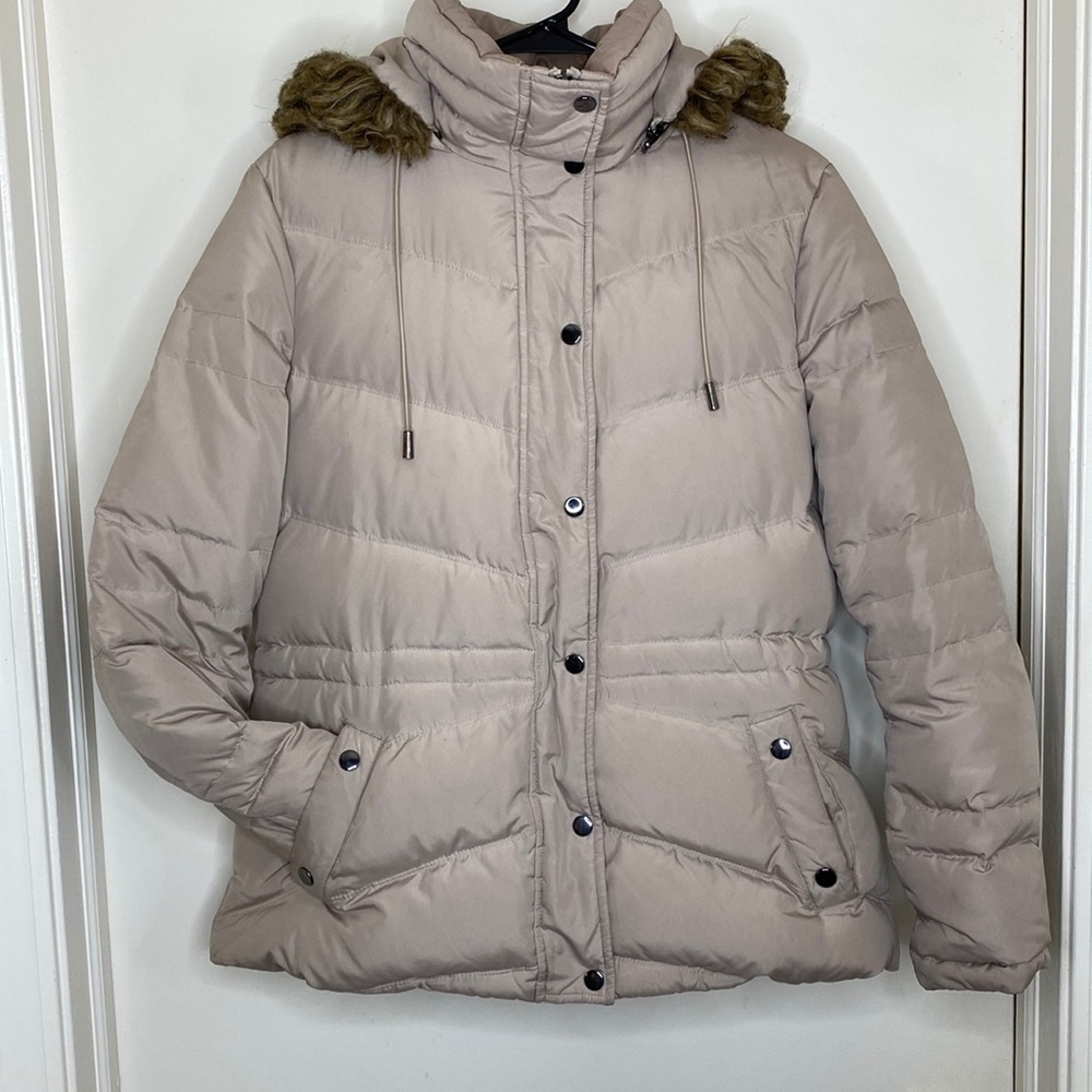 Kenneth Cole Reaction Puffer Jacket Tan/Brown Faux Fur Hood Women’s Large